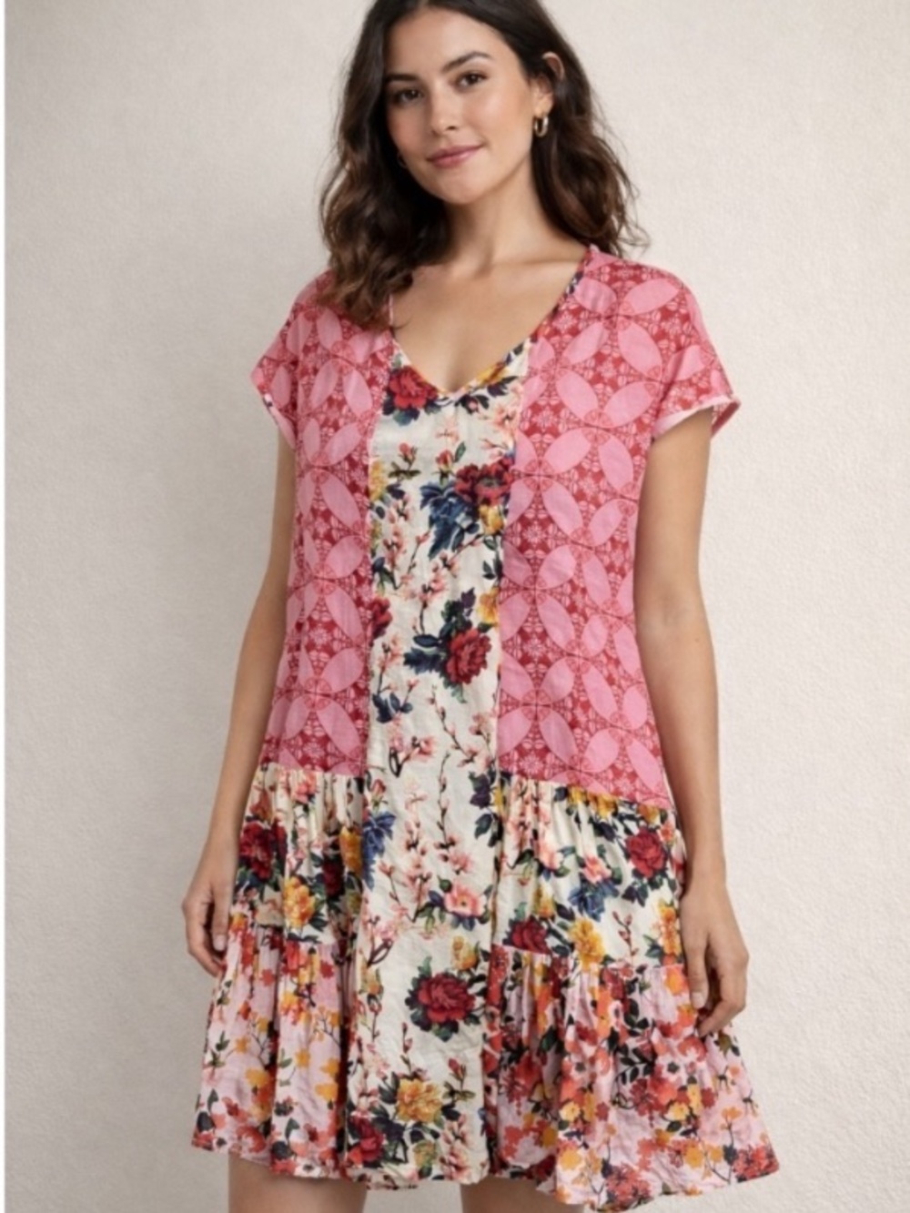 Sundance Mixed Print Boho Dress – Pink Floral Patchwork Tiered Mini Cotton Small